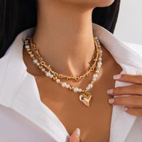Thumbnail for Trendy 2pcs Gold Silver Plated Heart Pendant Pearl Necklace Set - ArtGalleryZen