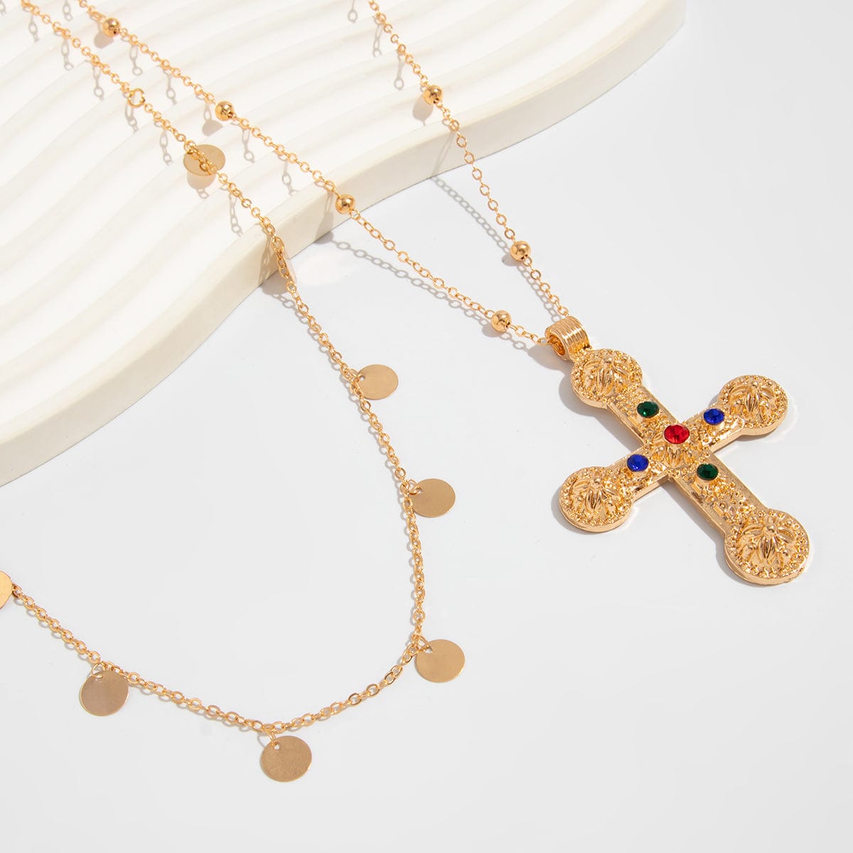 Trendy 2pcs Rhinestone Inlaid Cross Pendant Sequin Tassel Belly Chain Set - ArtGalleryZen
