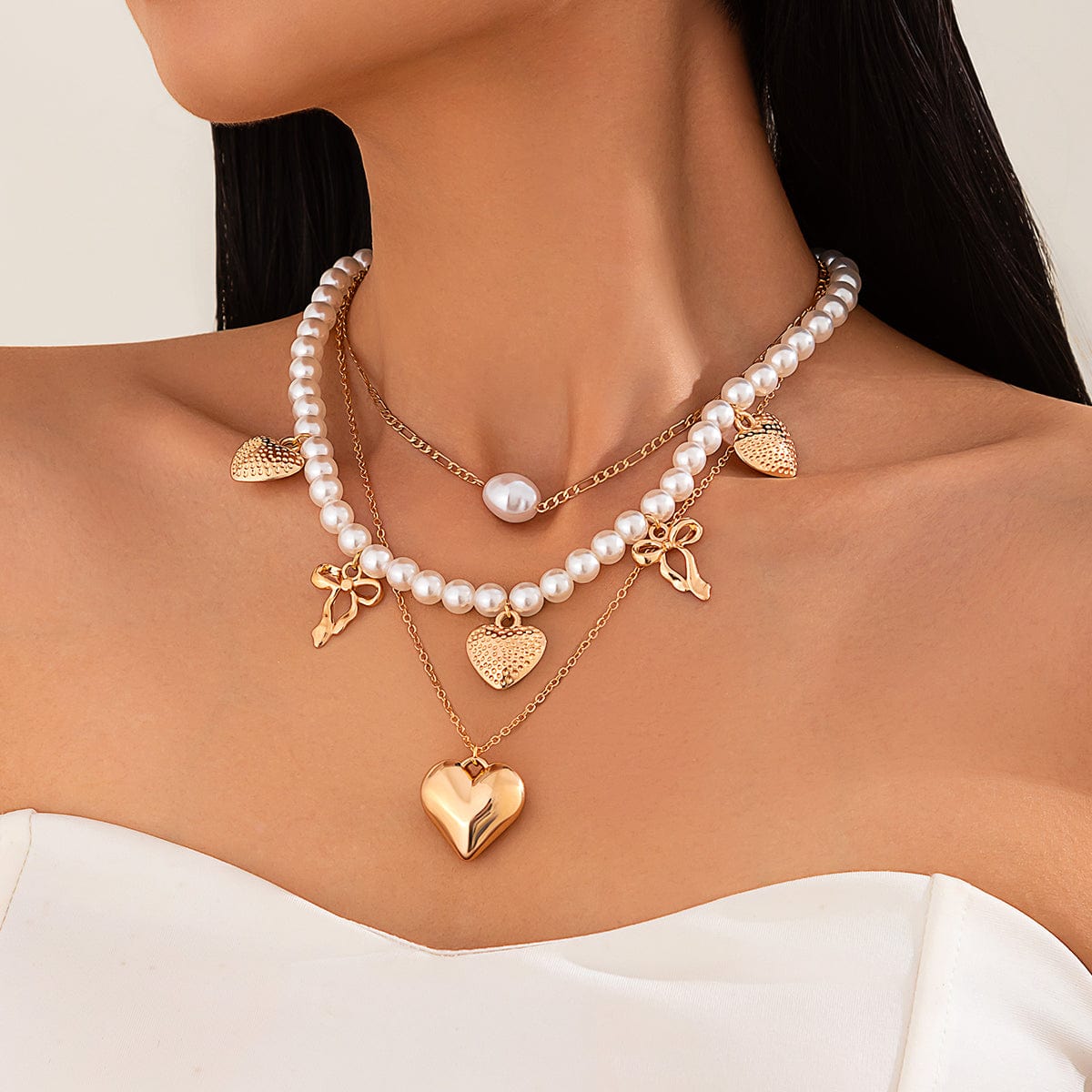 Trendy 3pcs Bowknot Heart Pendant Pearl Chain Necklace Set - ArtGalleryZen