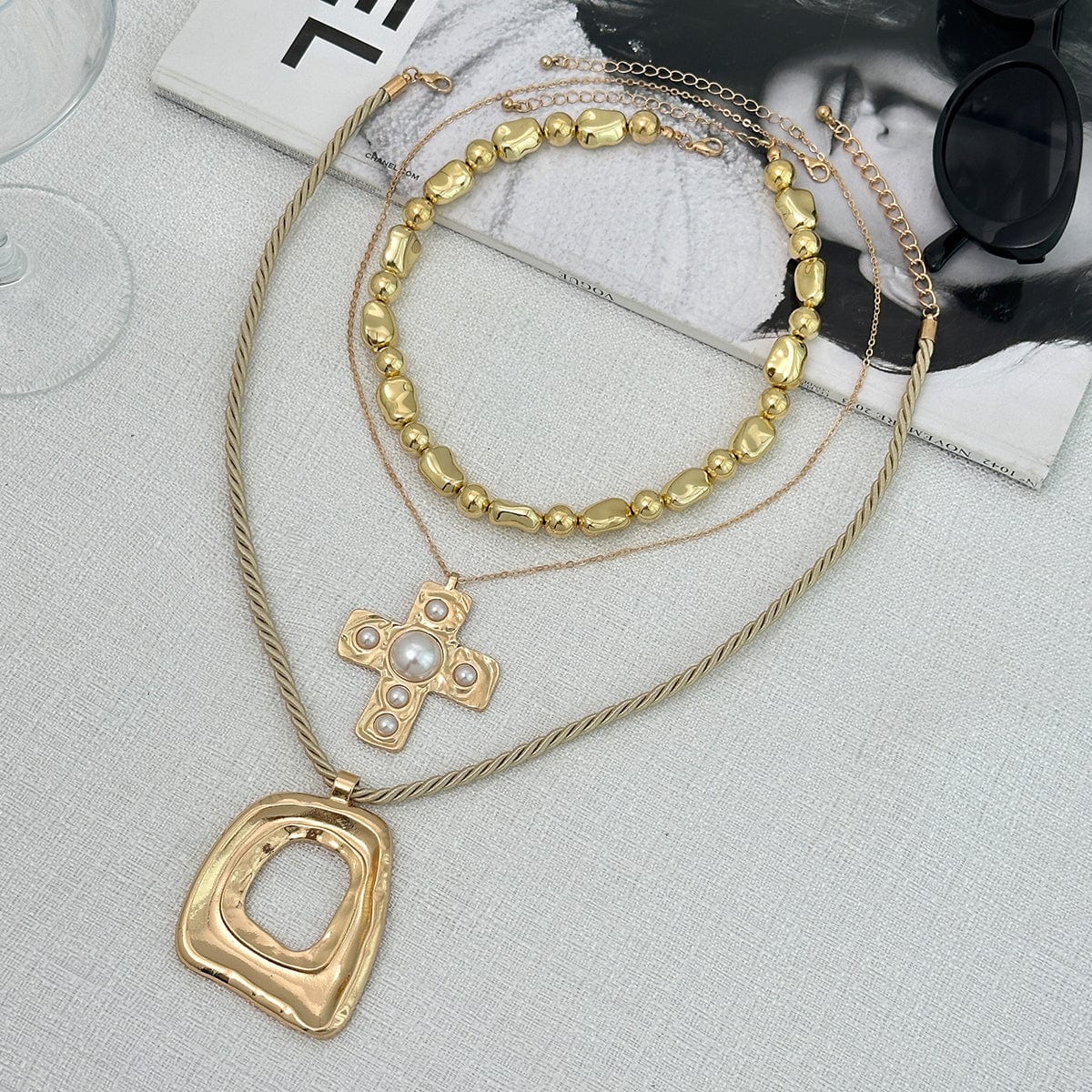 Trendy 3pcs Pearl Inlaid Cross Irregular Hoop Pendant Beaded Chain Necklace Set - ArtGalleryZen