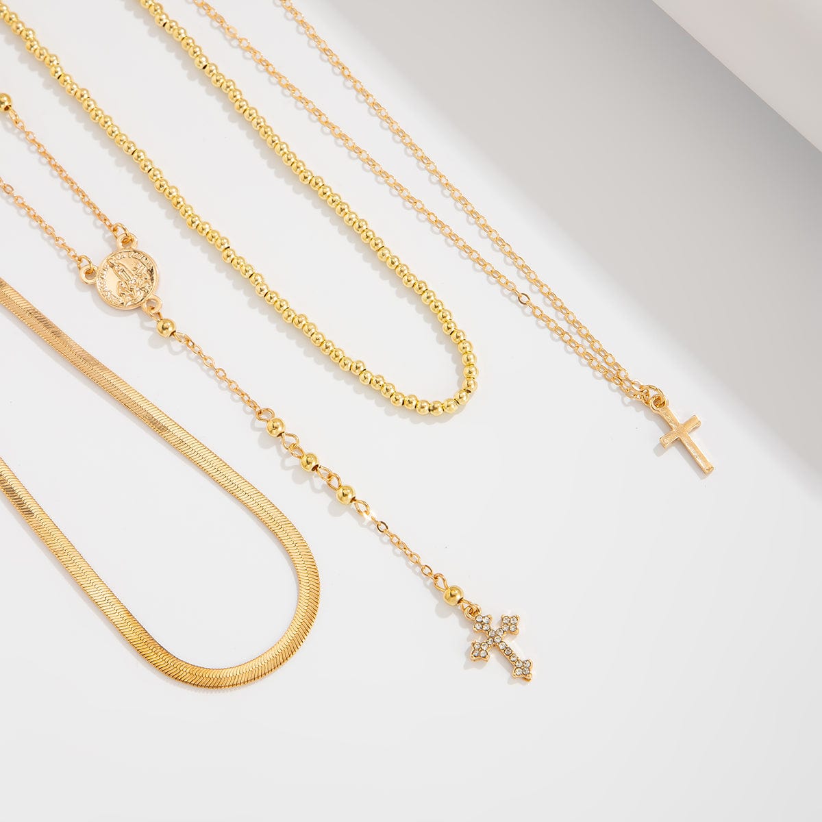 Trendy 4pc Rhinestone Inlaid Cross Round Disk Pendant Ball Chain Y Necklace Set - ArtGalleryZen