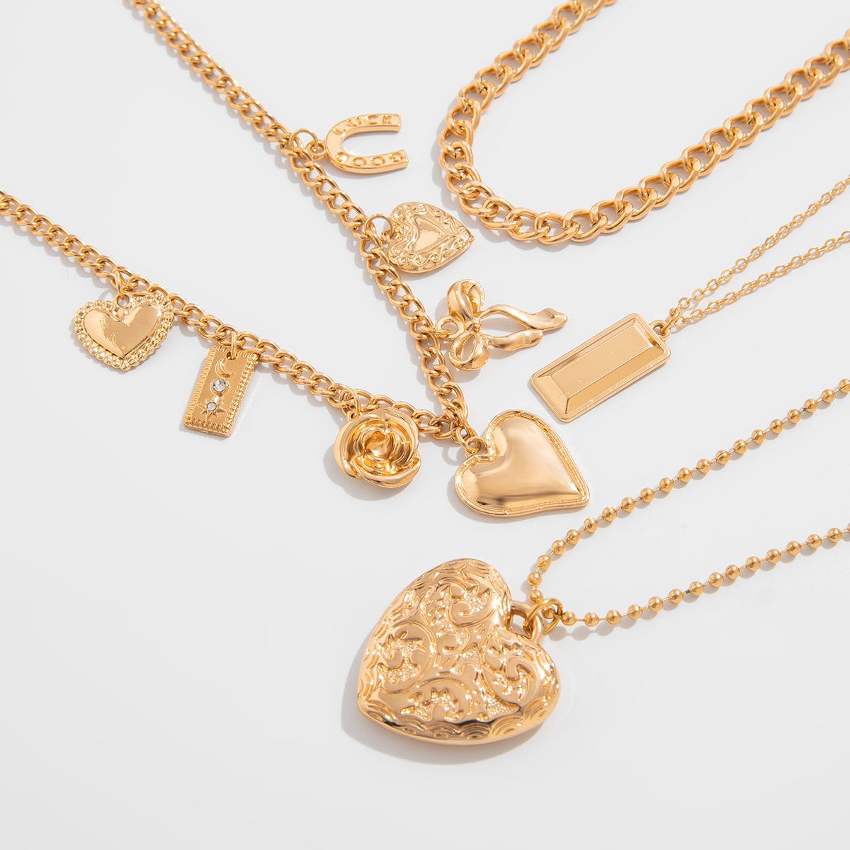 Trendy 4pcs Bowknot Heart Rose Pendant Curb Chain Necklace Set - ArtGalleryZen