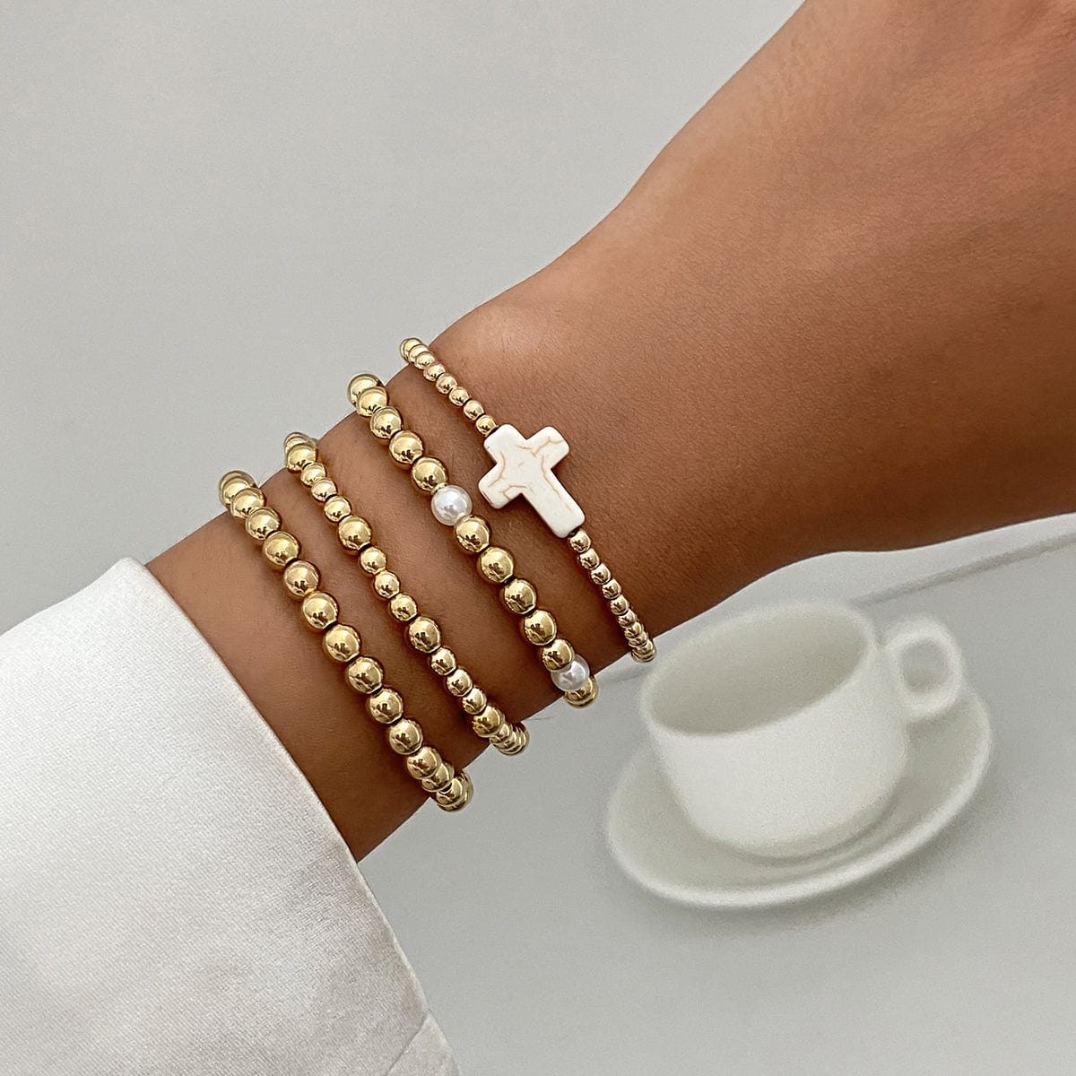 Trendy 4pcs Cross Charm Ball Chain Bracelet Set - ArtGalleryZen