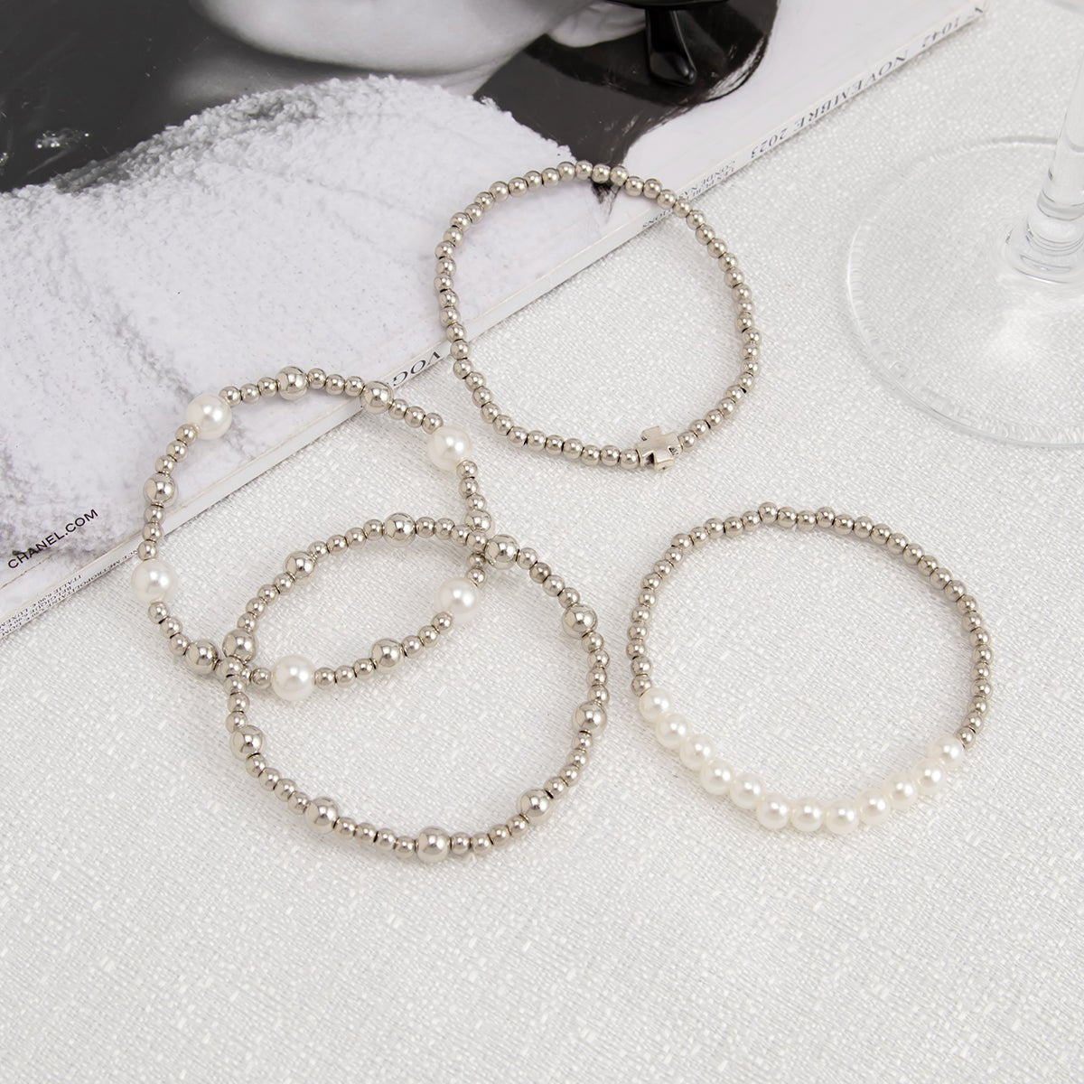 Trendy 4pcs Gold Silver Tone Pearl Beaded Chain Bracelet Set - ArtGalleryZen
