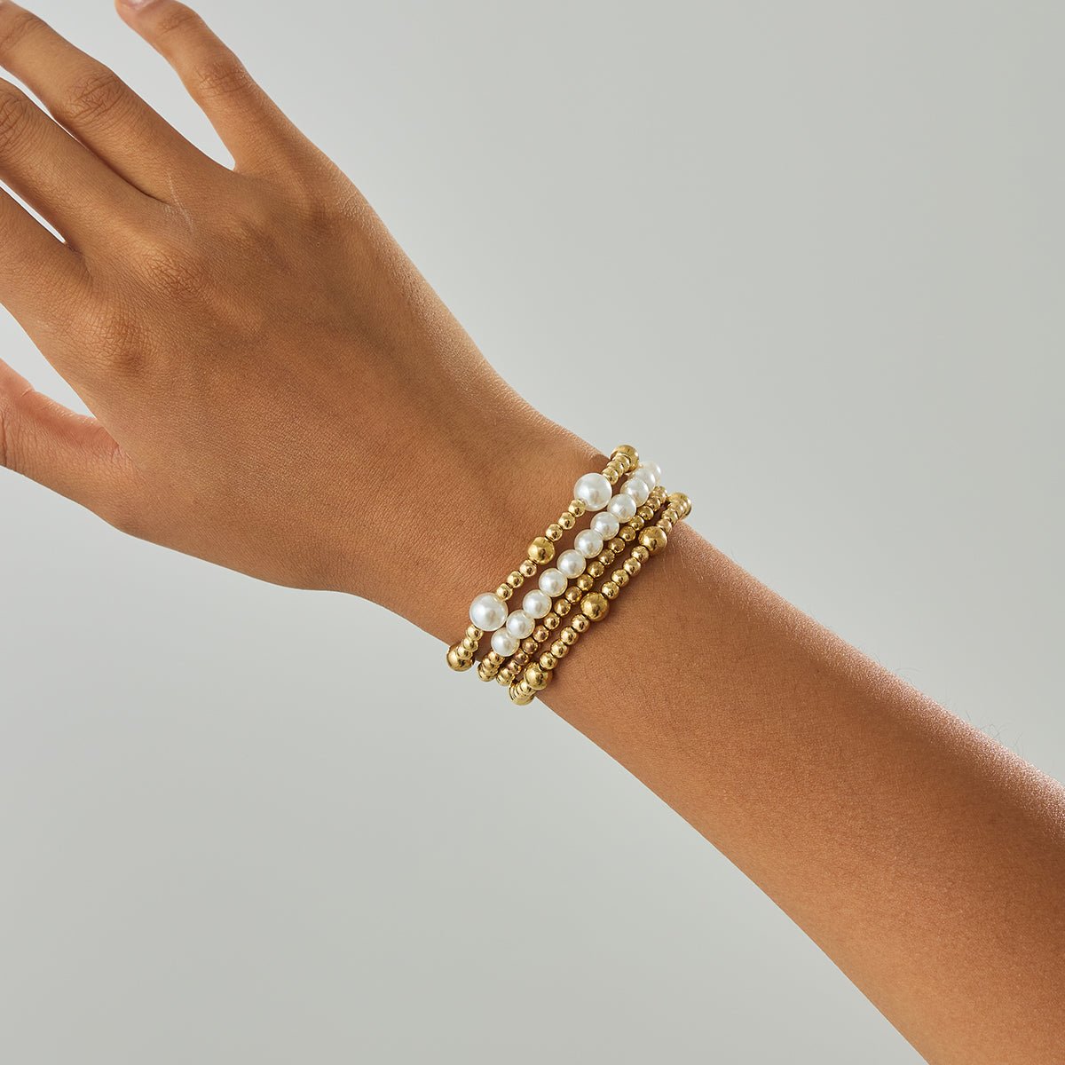 Trendy 4pcs Gold Silver Tone Pearl Beaded Chain Bracelet Set - ArtGalleryZen