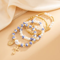 Thumbnail for Trendy 4pcs Pattern Oval Cross Pendant Pearl Blue And White Porcelain Beaded Bracelet Set - ArtGalleryZen