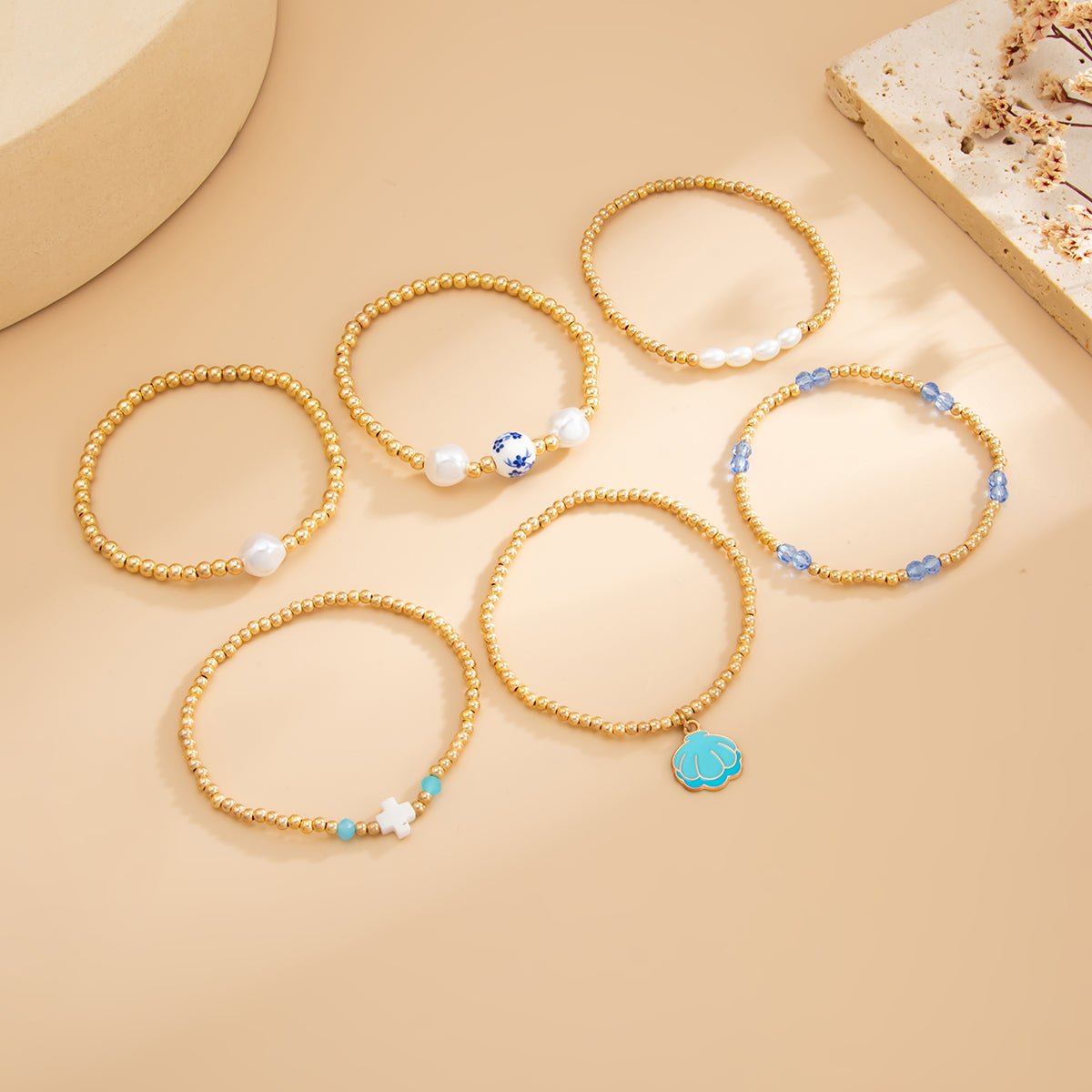 Trendy 6pcs Enamel Shell Charm Pearl Crystal Ceramic Beaded Bracelet Set - ArtGalleryZen