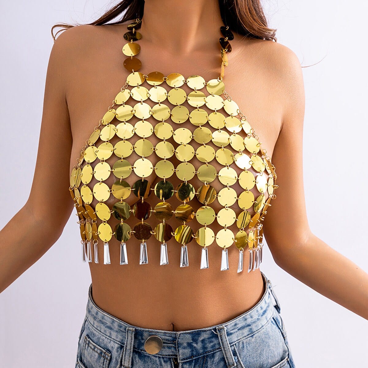 Trendy Colorful Lingerie Halter Top Backless Glitter Tassel Sequins Bra - ArtGalleryZen