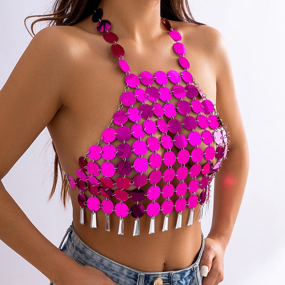 Trendy Colorful Lingerie Halter Top Backless Glitter Tassel Sequins Bra - ArtGalleryZen