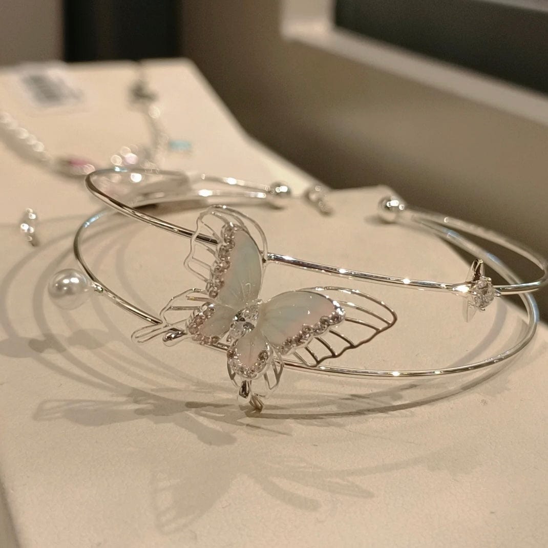 Trendy Crystal Inlaid Enamel Butterfly Pearl Charm Bangle Bracelet - ArtGalleryZen