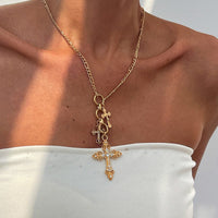 Thumbnail for Trendy Gold Plated Rhinestone Inlaid Cross Tassel Necklace - ArtGalleryZen