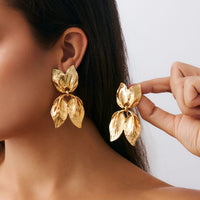 Thumbnail for Trendy Gold Silver Tone Duo Leaf Dangle Stud Earrings - ArtGalleryZen