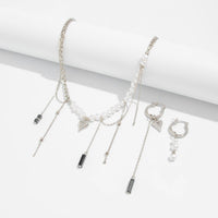 Thumbnail for Trendy Heart Black Gallstone Tassel Pearl Curb Chain Necklace Earrings Set - ArtGalleryZen