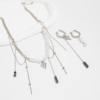 Thumbnail for Trendy Heart Black Gallstone Tassel Pearl Curb Chain Necklace Earrings Set - ArtGalleryZen