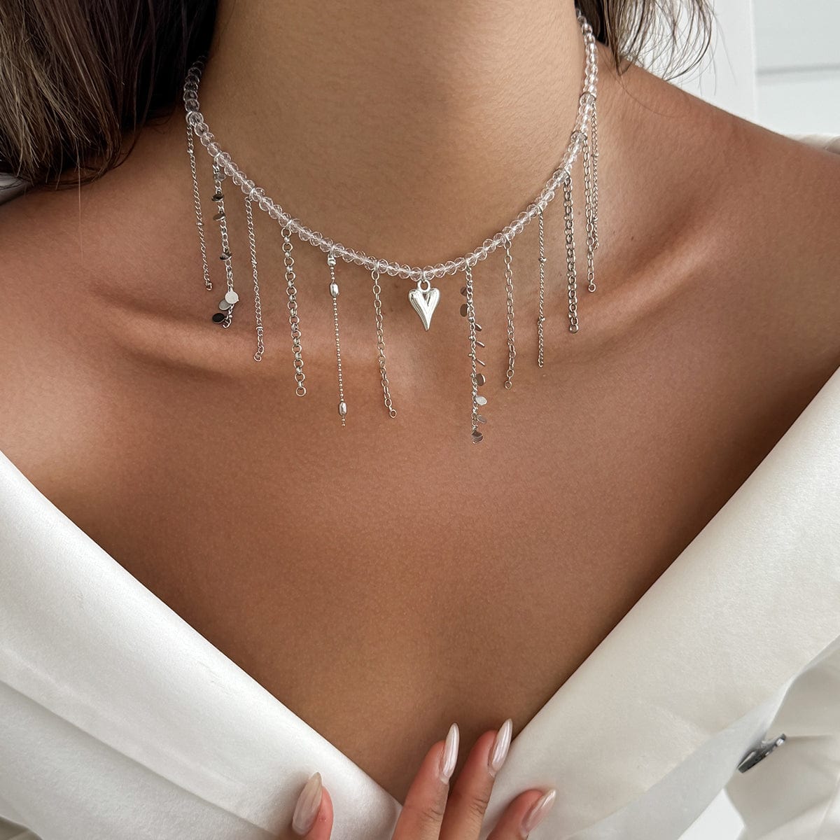 Trendy Heart Chain Tassel Crystal Choker Necklace - ArtGalleryZen