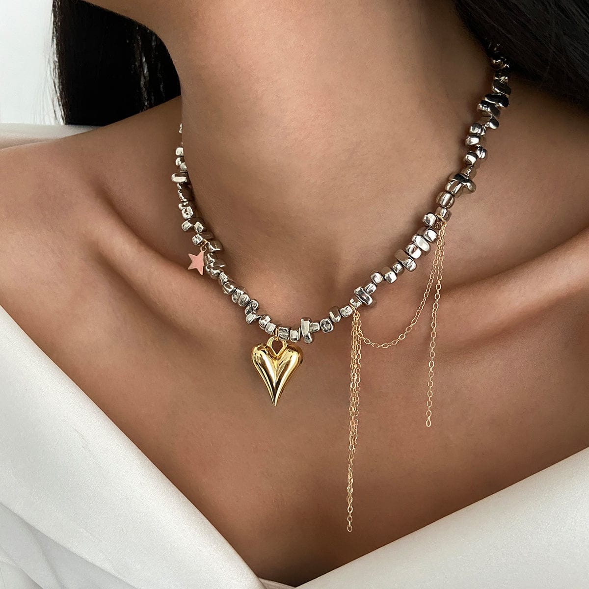 Trendy Heart Pendant Irregular Beaded Tassel Chain Necklace - ArtGalleryZen