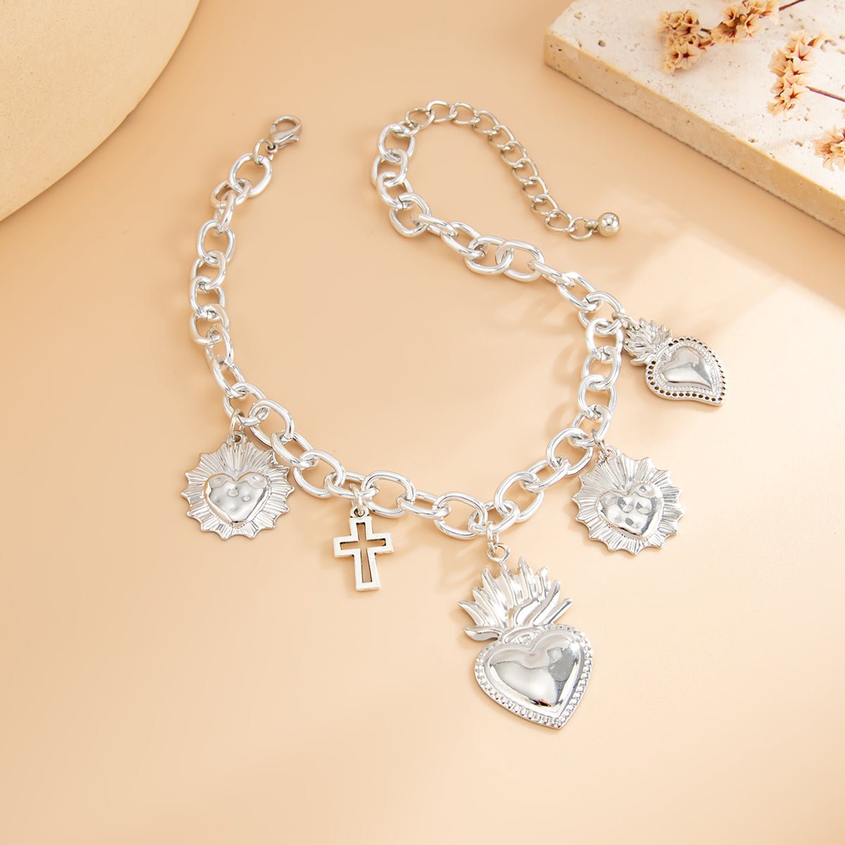 Trendy Hollow Cross Flame Heart Charm Anklet - ArtGalleryZen