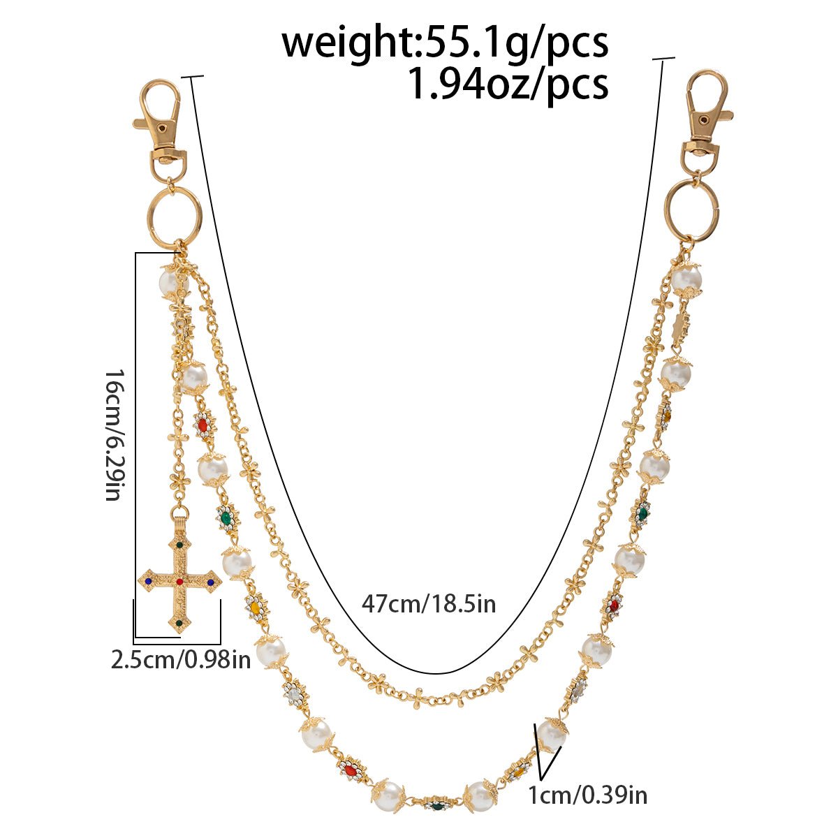 Trendy Layered Cross Pendant Flower Rhinestone Pearl Trouser Chain - ArtGalleryZen