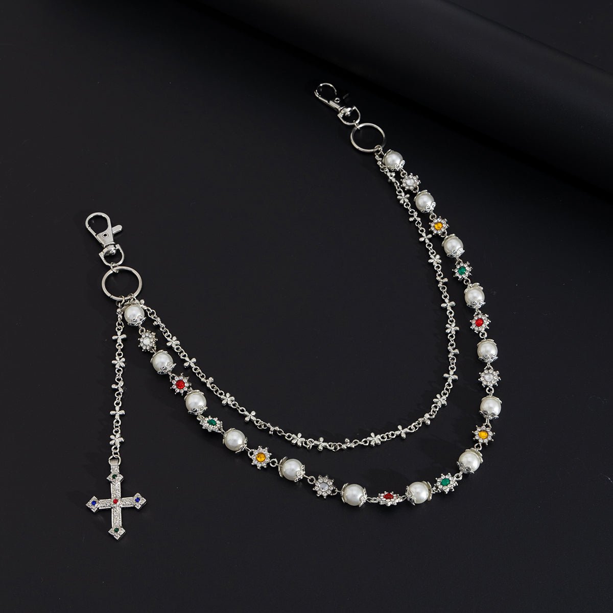 Trendy Layered Cross Pendant Flower Rhinestone Pearl Trouser Chain - ArtGalleryZen