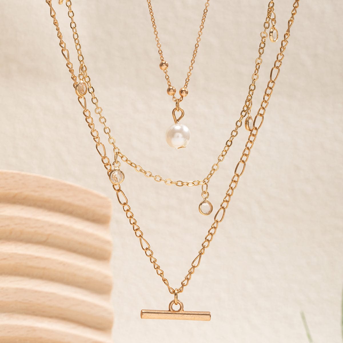 Trendy Layered CZ Tassel Bar Pearl Pendant Cable Chain Necklace Set - ArtGalleryZen