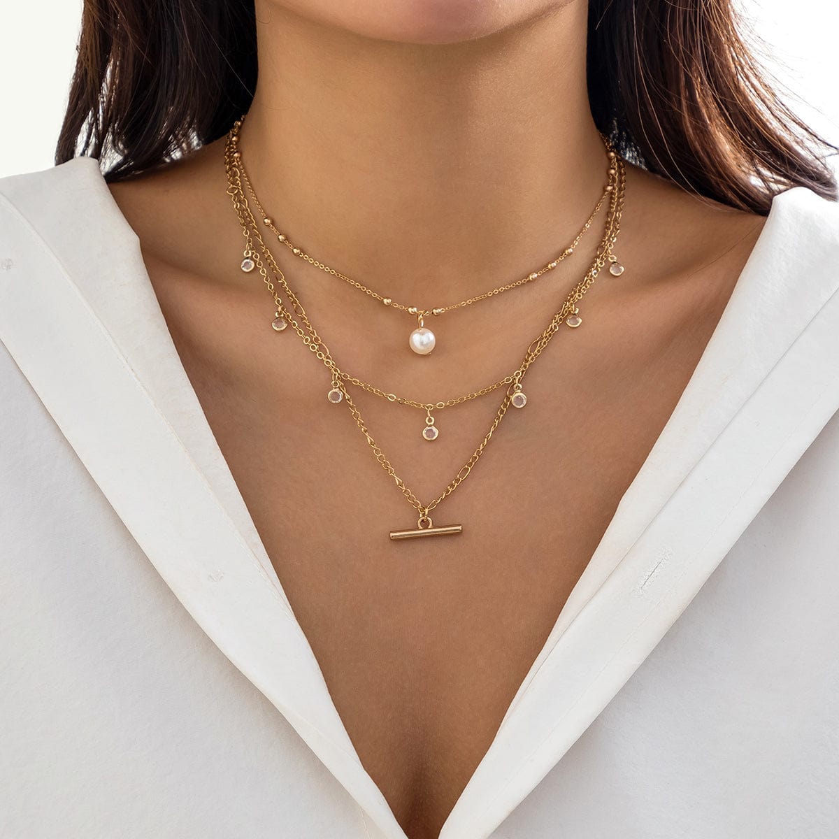 Trendy Layered CZ Tassel Bar Pearl Pendant Cable Chain Necklace Set - ArtGalleryZen