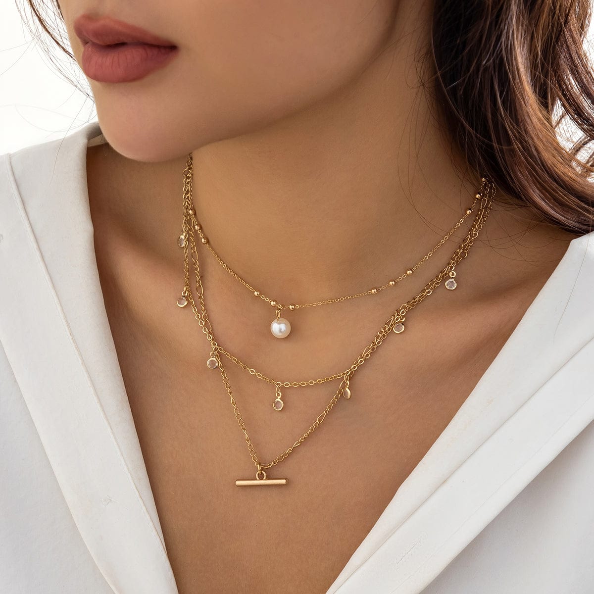 Trendy Layered CZ Tassel Bar Pearl Pendant Cable Chain Necklace Set - ArtGalleryZen