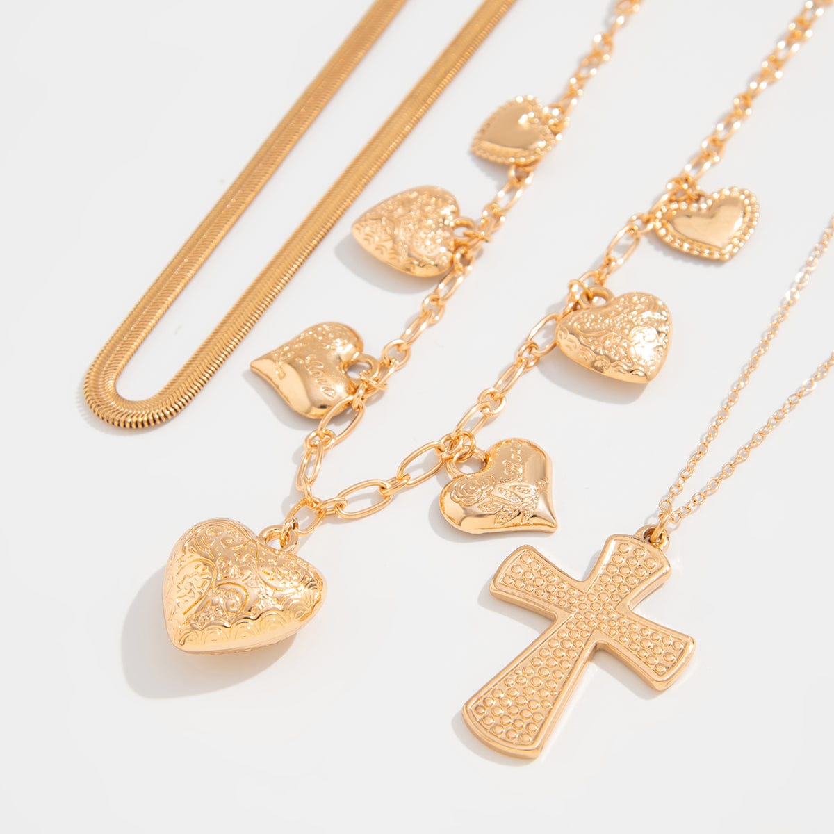 Trendy Layered Floral Heart Cross Pendant Snake Chain Necklace Set - ArtGalleryZen