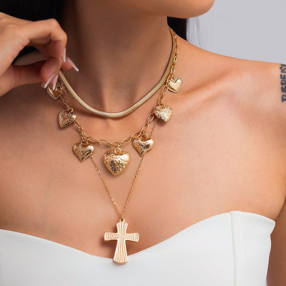Trendy Layered Floral Heart Cross Pendant Snake Chain Necklace Set - ArtGalleryZen