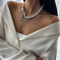 Thumbnail for Trendy Layered Heart Pendant Star Cross Tassel Pearl Chain Necklace - ArtGalleryZen