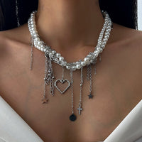 Thumbnail for Trendy Layered Heart Pendant Star Cross Tassel Pearl Chain Necklace - ArtGalleryZen