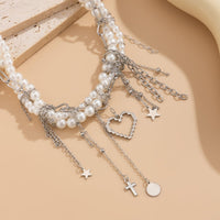 Thumbnail for Trendy Layered Heart Pendant Star Cross Tassel Pearl Chain Necklace - ArtGalleryZen