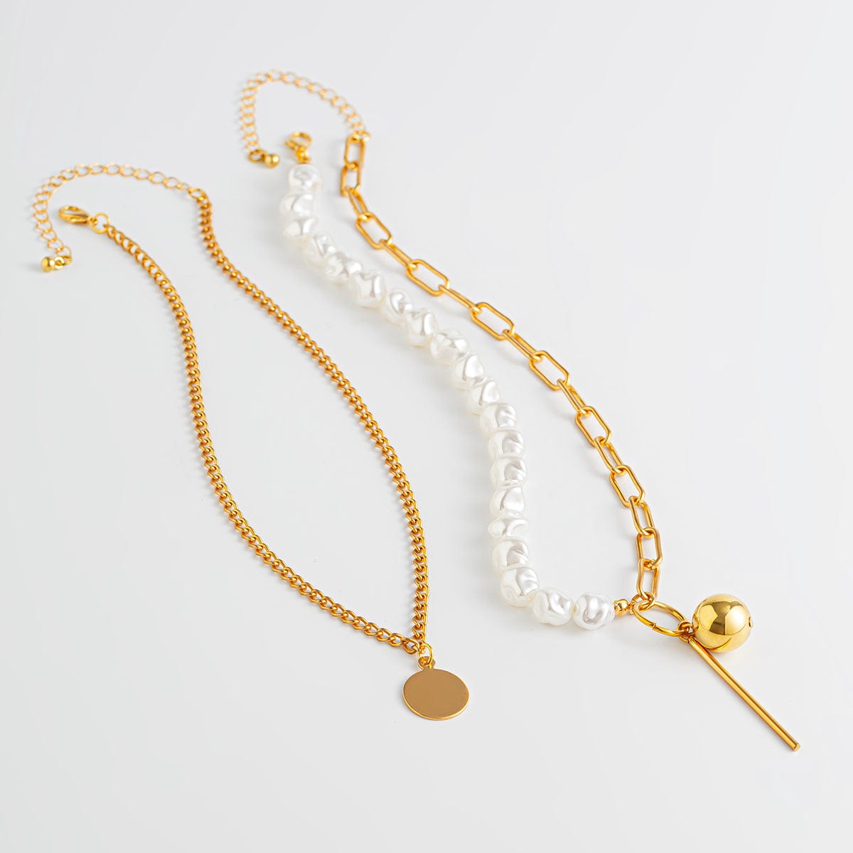 Trendy Layered Irregular Pearl Chain Round Disk Ball Pendant Necklace Set - ArtGalleryZen