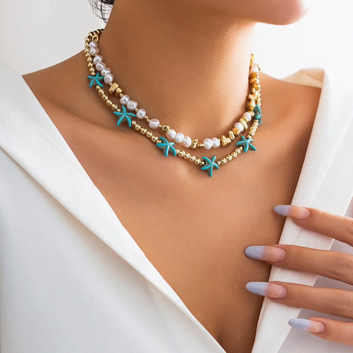 Trendy Layered Irregular Stone Pearl Starfish Ball Chain Necklace Set - ArtGalleryZen