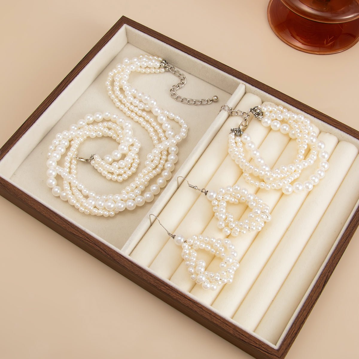 Trendy Layered Pearl Chain Necklace Bracelet Earrings Set - ArtGalleryZen