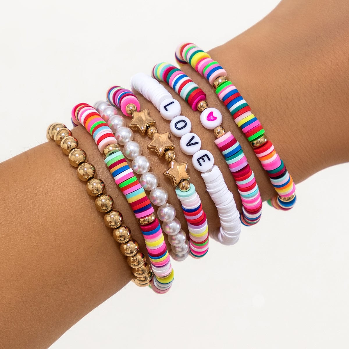Trendy Layered Polymer Clay Star Love Pearl Chain Stackable Bracelet Set - ArtGalleryZen