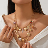 Thumbnail for Trendy Layered Rhinestone Pearl Inlaid Heart Cross Pendant Necklace Set - ArtGalleryZen