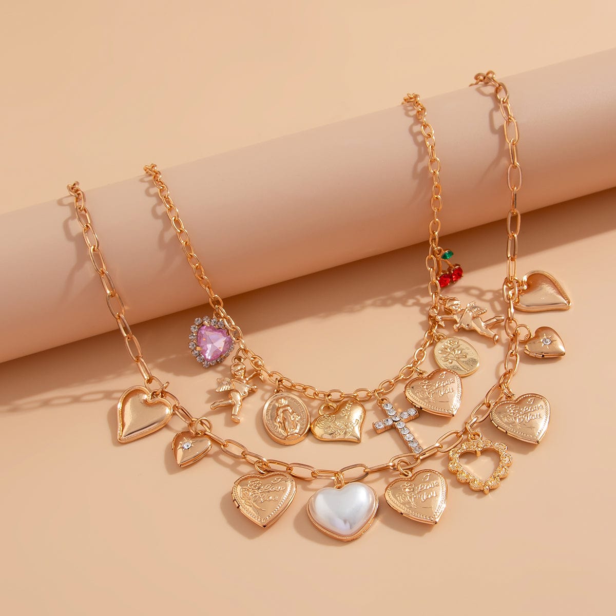 Trendy Layered Rhinestone Pearl Inlaid Heart Cross Pendant Necklace Set - ArtGalleryZen