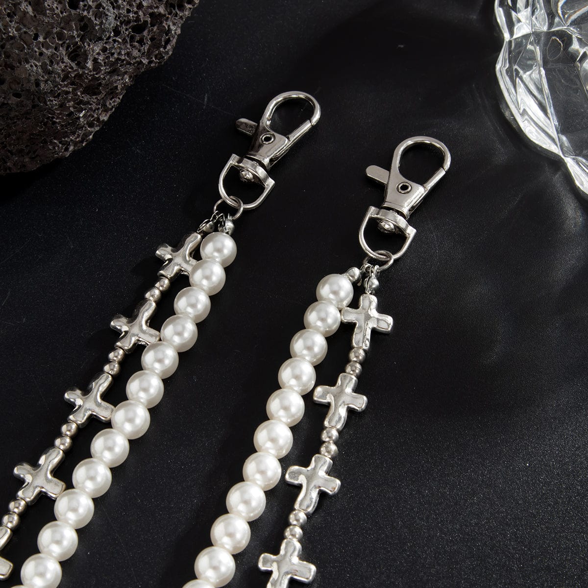 Trendy Layered Silver Tone Cross Pearl Trouser Chain - ArtGalleryZen