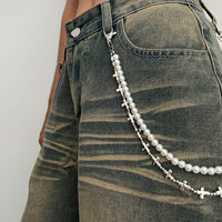 Thumbnail for Trendy Layered Silver Tone Cross Pearl Trouser Chain - ArtGalleryZen