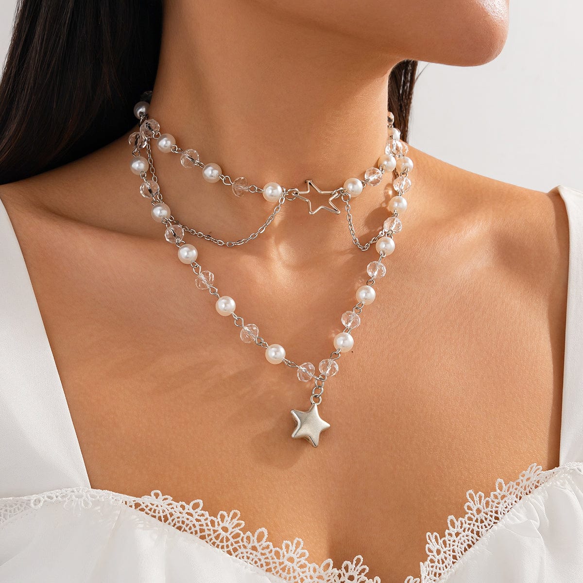 Trendy Layered Star Pendant Pearl Crystal Chain Necklace - ArtGalleryZen