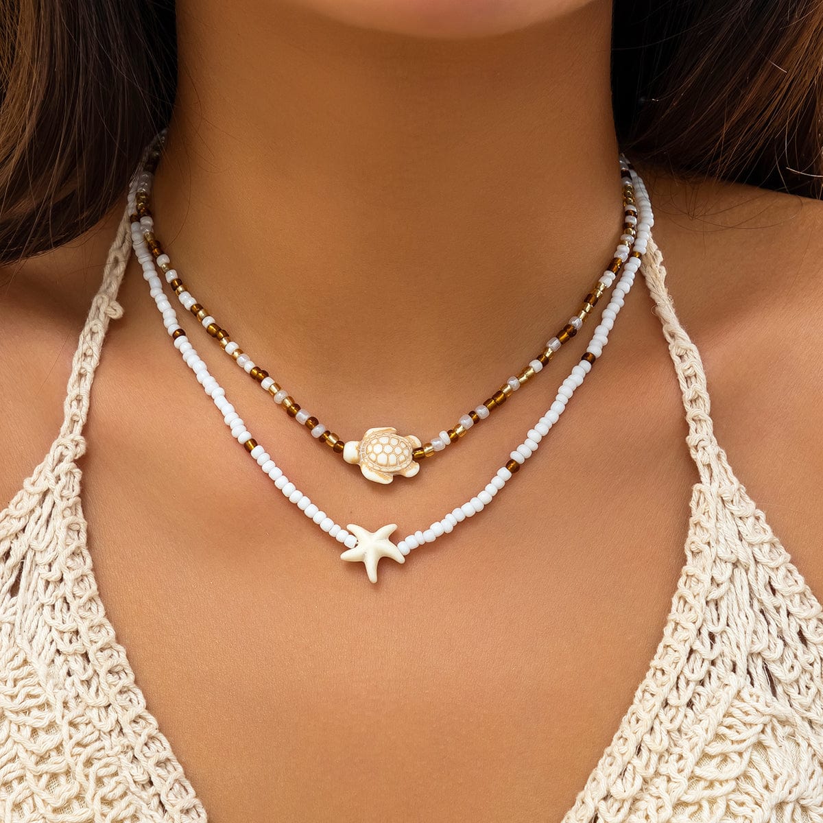 Trendy Layered Starfish Turtle Seed Bead Necklace Set - ArtGalleryZen