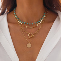 Thumbnail for Trendy Layered Toggle Clasp Round Disk Pendant Crystal Stone Necklace Set - ArtGalleryZen