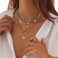 Thumbnail for Trendy Layered Toggle Clasp Round Disk Pendant Crystal Stone Necklace Set - ArtGalleryZen