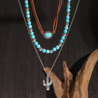 Thumbnail for Trendy Layered Turquoise Cactus Pendant Velvet Necklace Set - ArtGalleryZen