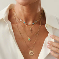 Thumbnail for Trendy Layered Turquoise Inlaid Lotus Round Disk Cross Pendant Necklace Set - ArtGalleryZen