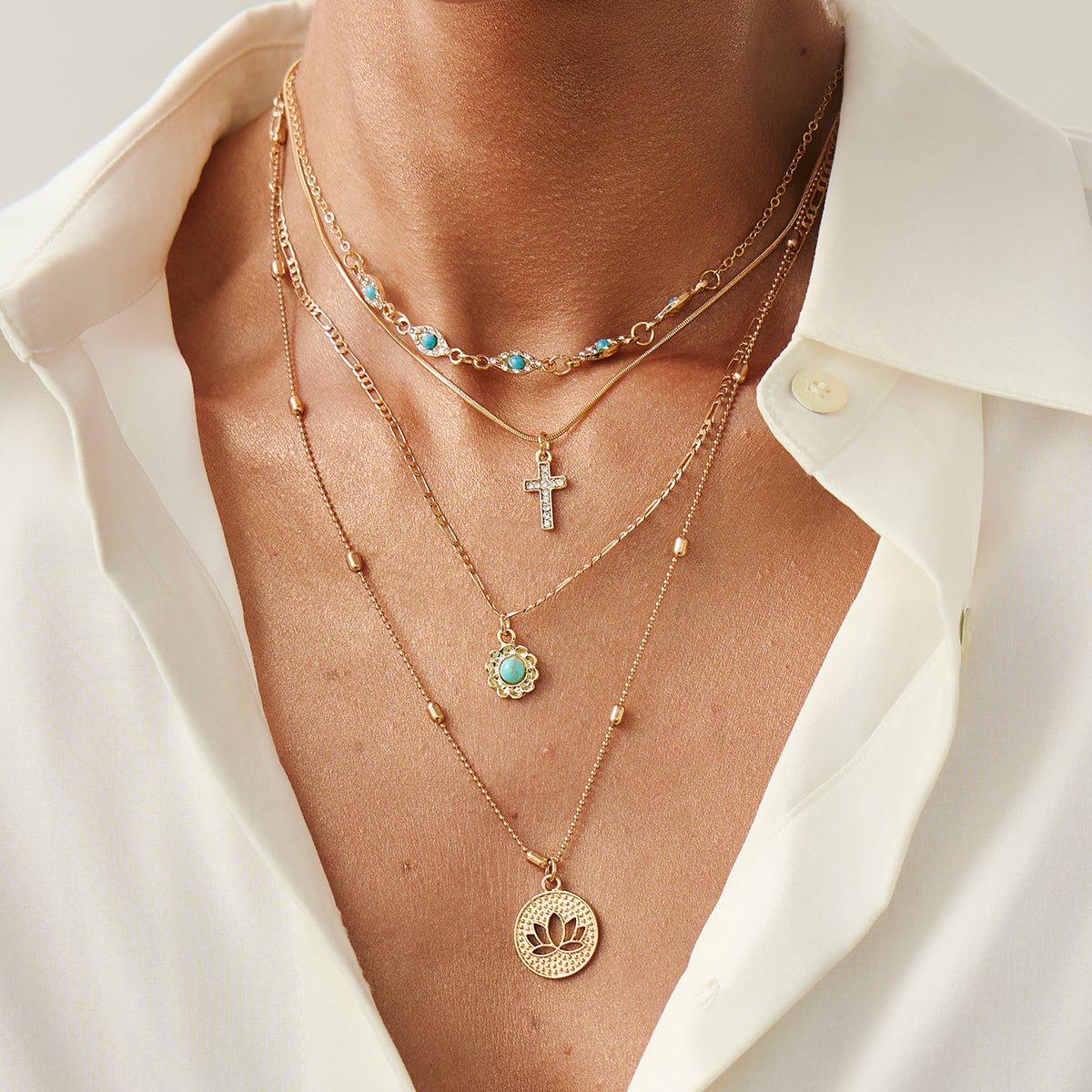 Trendy Layered Turquoise Inlaid Lotus Round Disk Cross Pendant Necklace Set - ArtGalleryZen