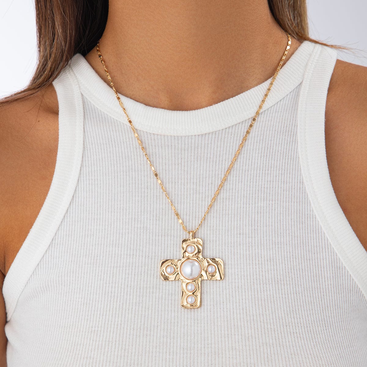 Trendy Pearl Inlaid Cross Pendant Choker Necklace - ArtGalleryZen