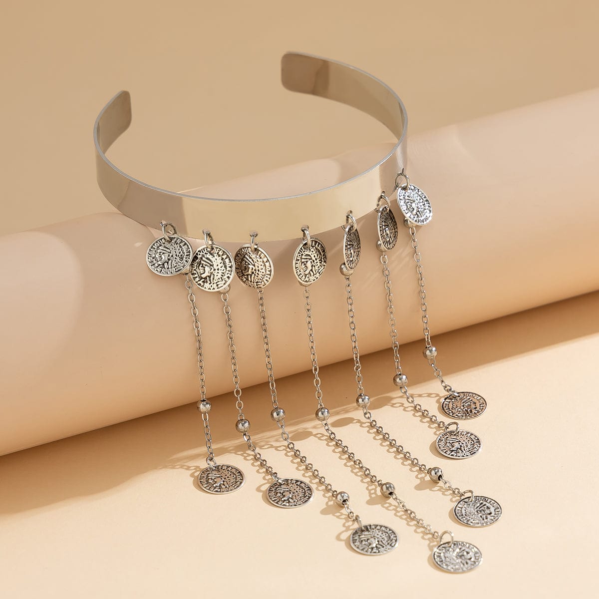 Trendy Relief Coin Tassel Saturn Chain Open Arm Cuff - ArtGalleryZen
