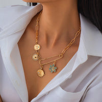 Thumbnail for Trendy Rhinestone Inlaid Flower Sun Relief Disk Charm Paperclip Necklace - ArtGalleryZen