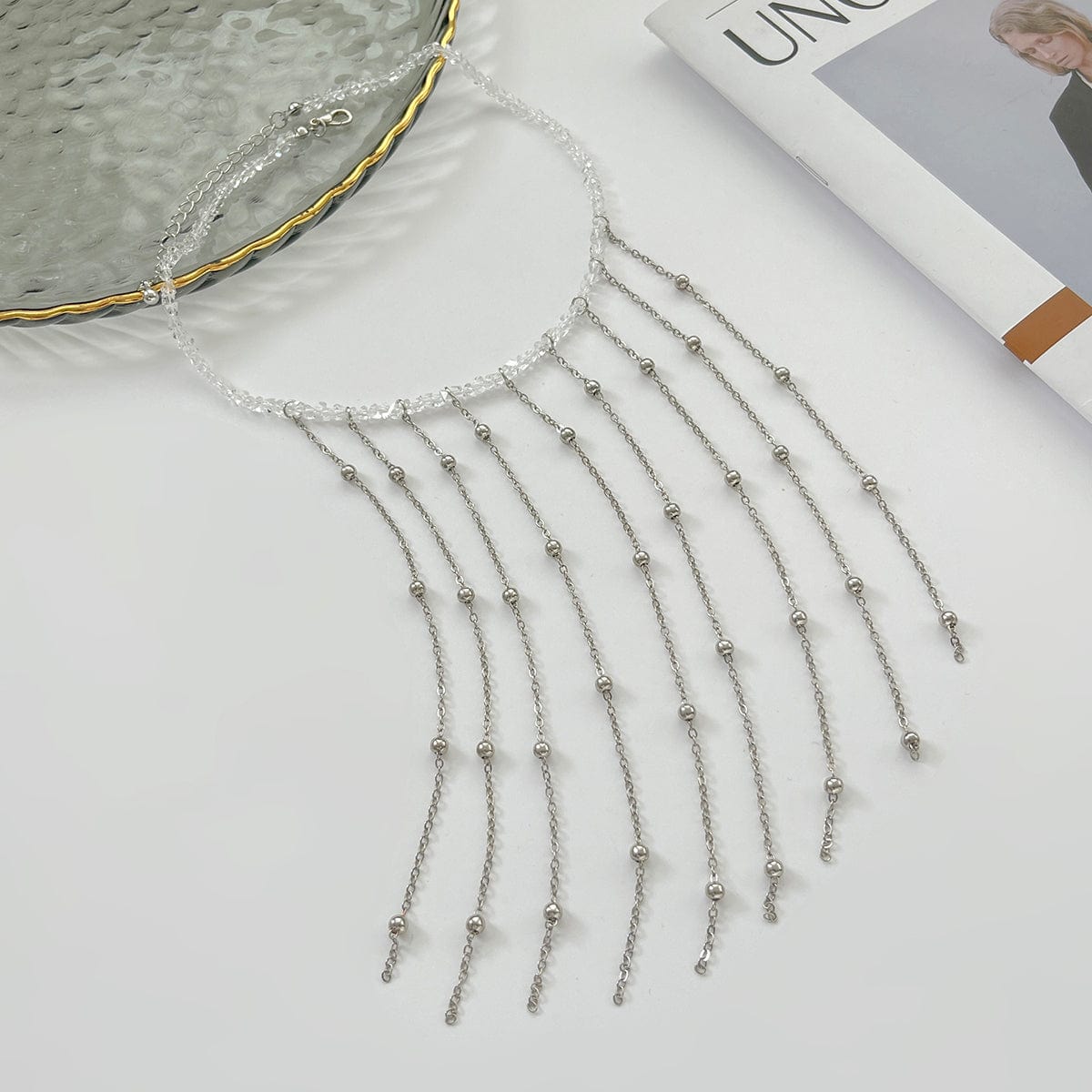 Trendy Saturn Chain Tassel Crystal Beaded Necklace - ArtGalleryZen